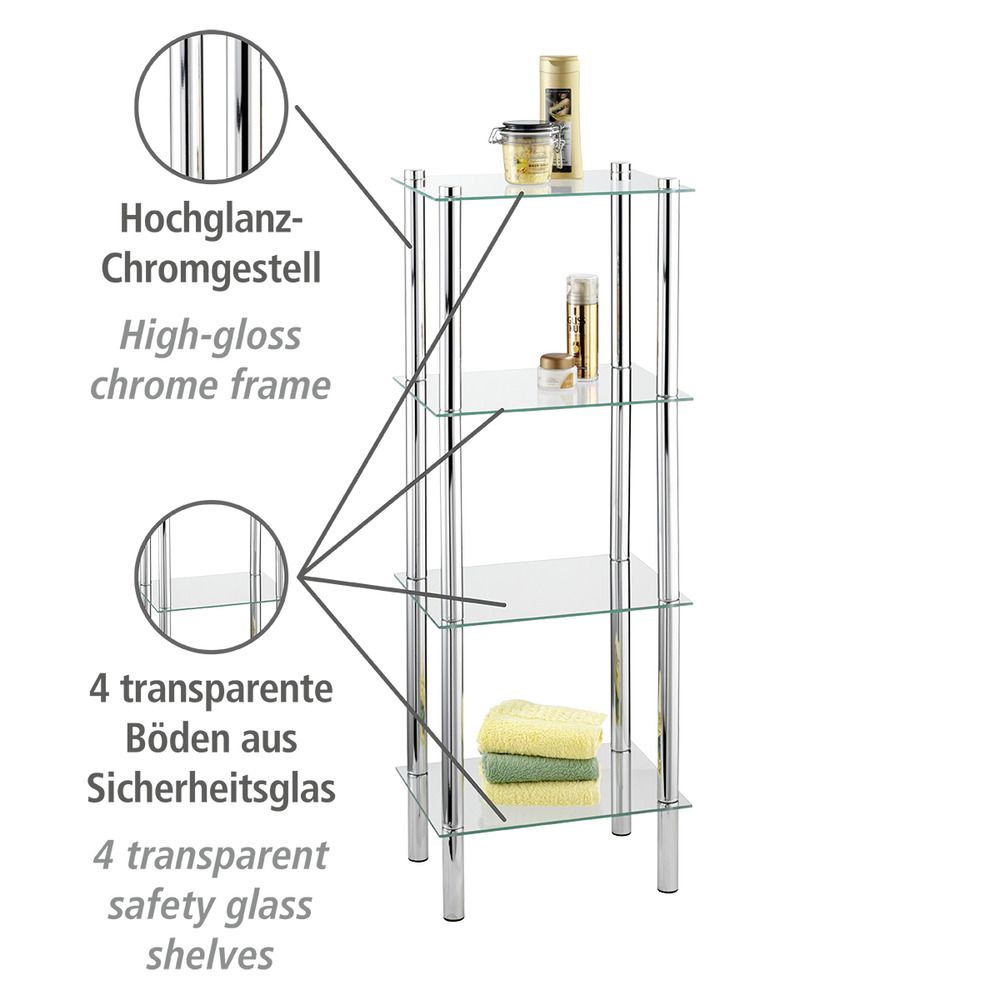 Regal Mod. Yago viereckig mit 4 Glasablagen  aus Edelstahl und Sicherheitsglas