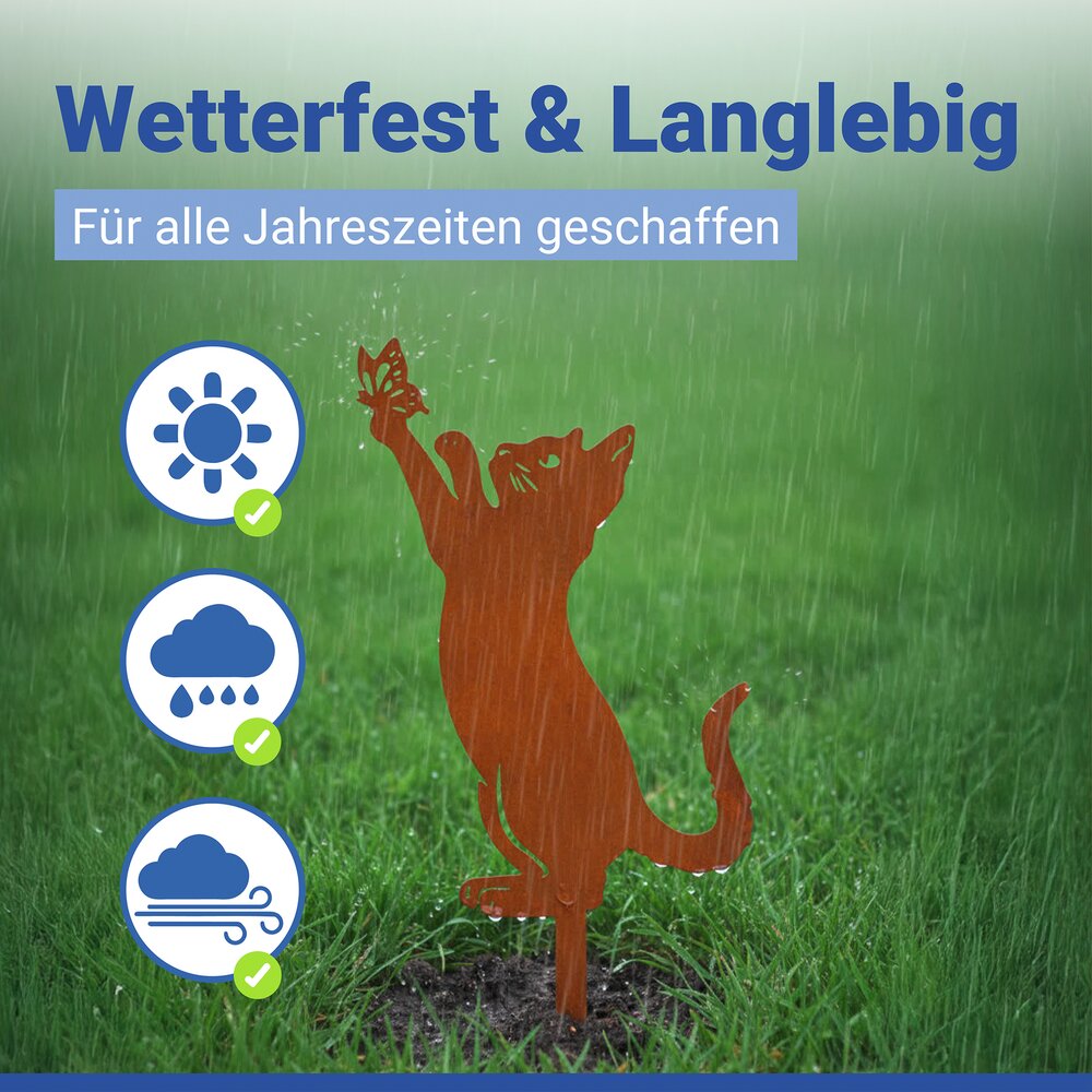 Gartenstecker Katze & Schmetterling, 2er Set  wetterbeständig, mit Edelrost-Effekt