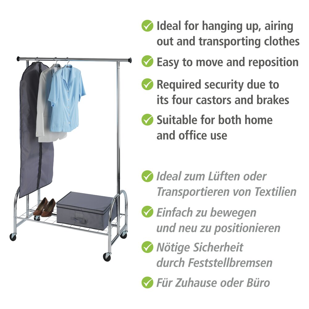 Portant vêtement solide sur roulette Profi, charge 100 kg, Métal chromé, 121x185x52 cm  sur roulettes