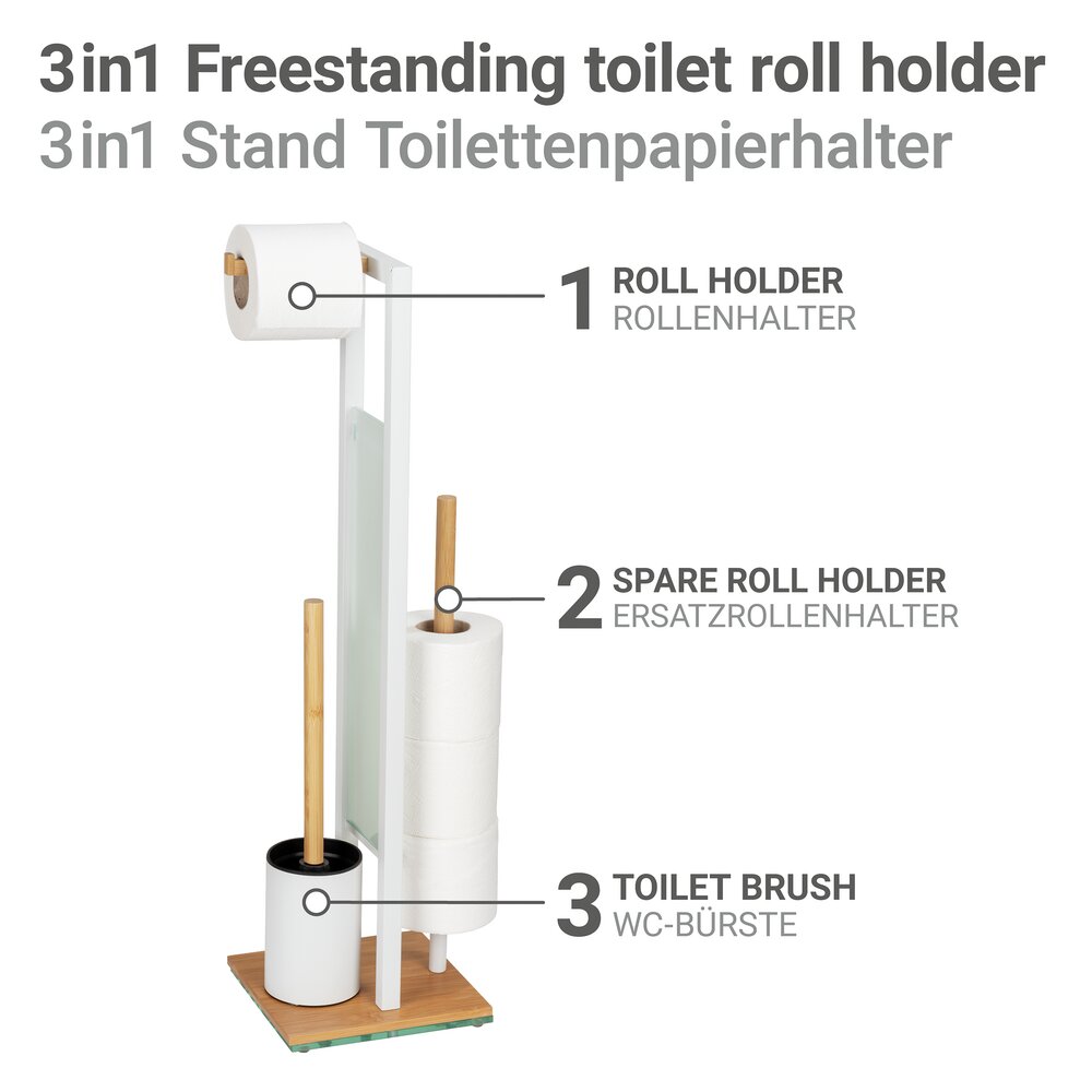 Garniture WC sur pied Mod. Rivalta, bambou/blanc, verre, 18x70x23 cm  avec porte-rouleau de rechange