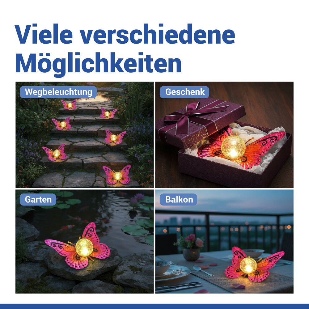 LED Solarlampe Schmetterling, Pink/Gold  dekorative Gartenbeleuchtung
