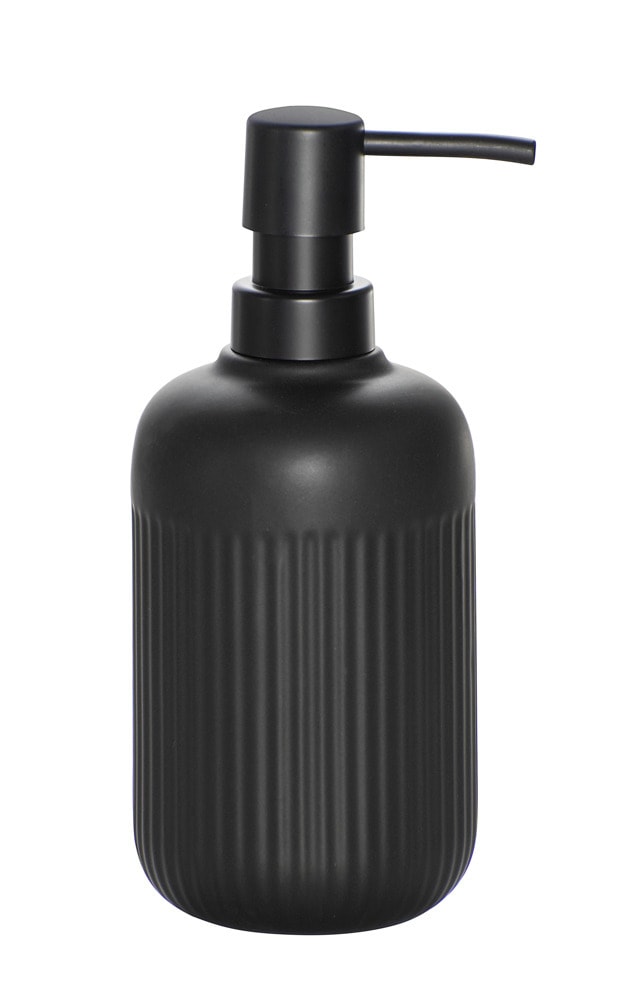 Seifenspender Mod. REFIA, schwarz, ABS, 0.4L, Ø8x19cm, zylindrisch  mit Akazien Akzenten