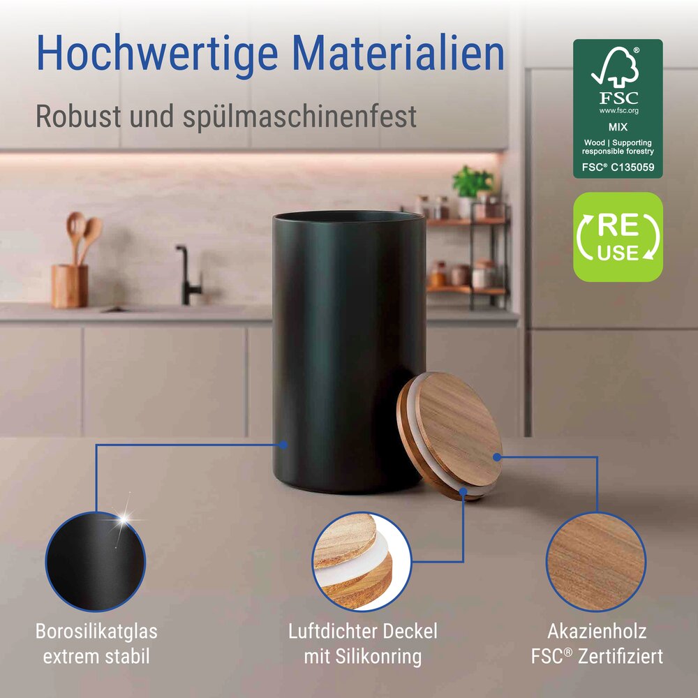 Vorratsdose Mod. Mio Schwarz 1,4 L  Vorratsbehälter aus Borosilikatglas mit Deckel