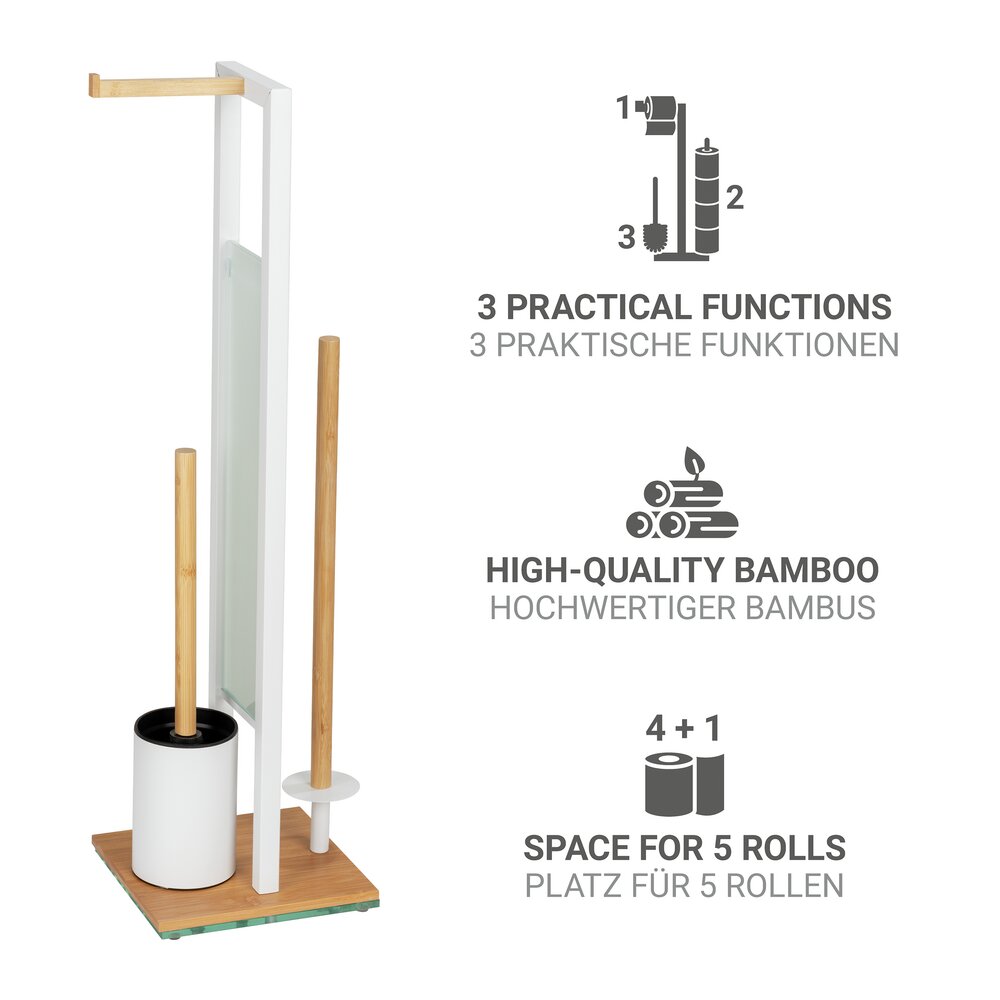 Garniture WC sur pied Mod. Rivalta, bambou/blanc, verre, 18x70x23 cm  avec porte-rouleau de rechange
