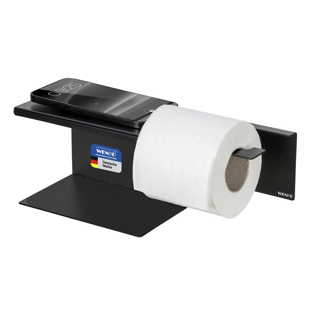 Turbo-Loc® Toilettenpapierhalter mit Ablage Mod. Lizan Schwarz  Befestigen ohne Bohren