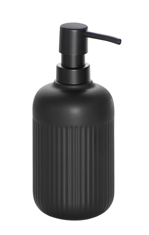 Seifenspender Mod. REFIA, schwarz, ABS, 0.4L, Ø8x19cm, zylindrisch  mit Akazien Akzenten