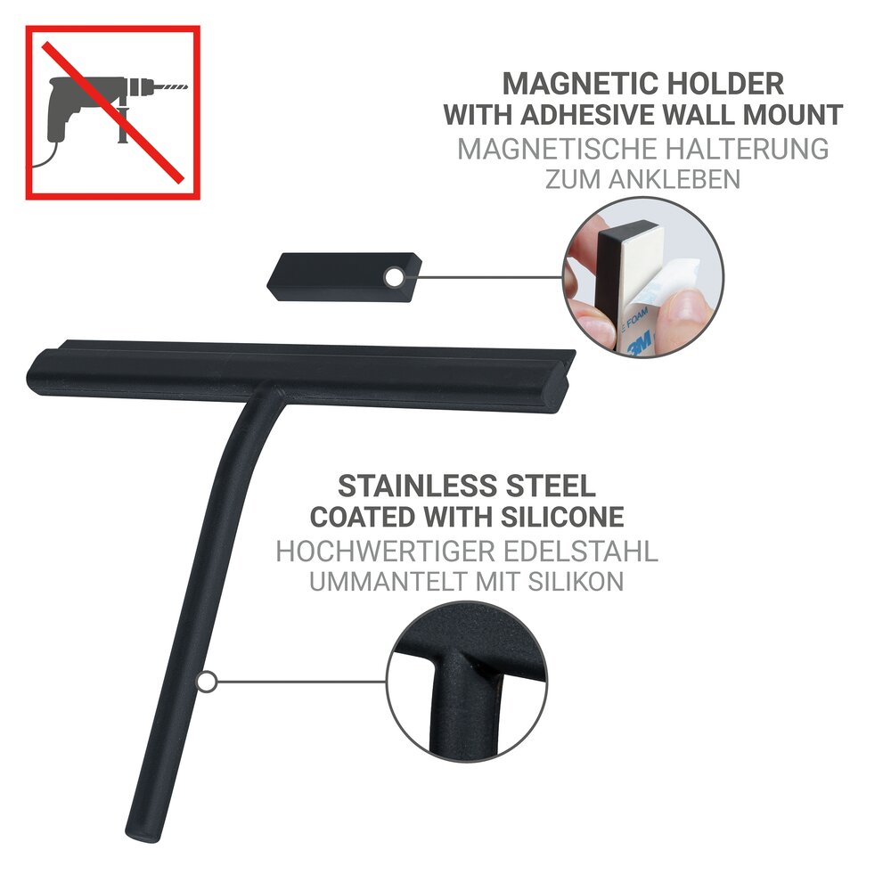 Badabzieher Mod. Agana, schwarz, Silikon, Edelstahl, magnetisch  mit magnetischer Wandhalterung