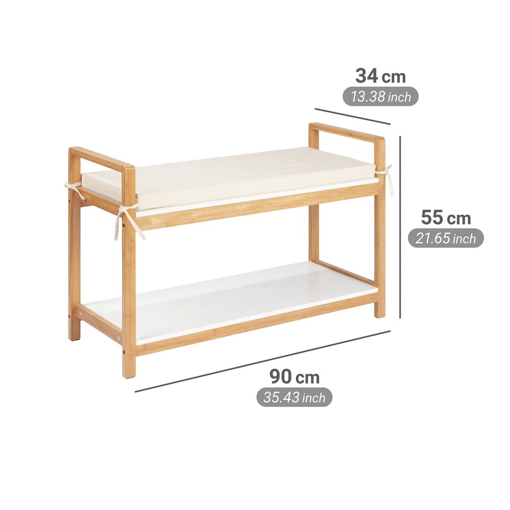 Banc à chaussures bambou, naturel/blanc, rembourrée beige, 90x55x34 cm  pour 4 paires de chaussures