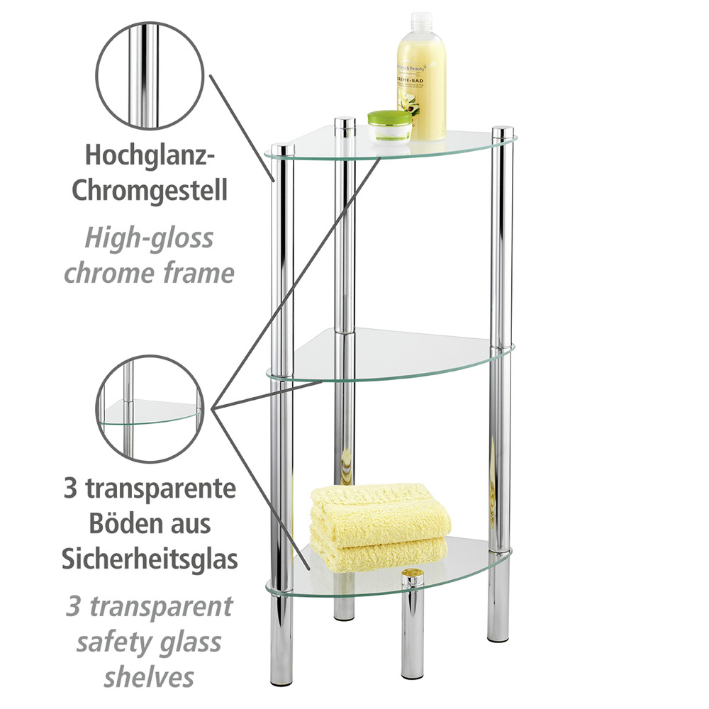 Eckregal Mod. Yago mit 3 Glasablagen  aus Edelstahl und Sicherheitsglas