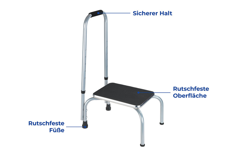 Sicherheits-Tritt Mod. Secura  Sicherheitstritt mit Haltegriff, vier rutschfeste Gummifüße, Trittoberfläche in Schwarz