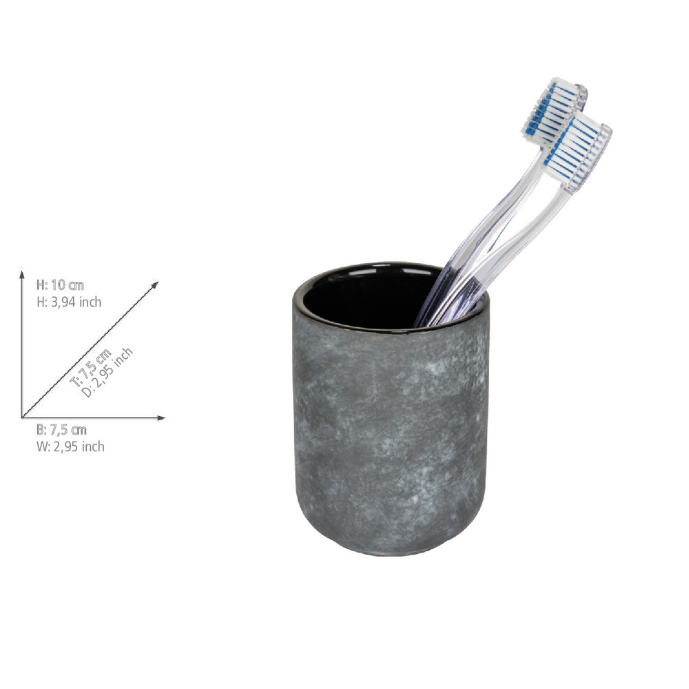 Zahnputzbecher Mod. Sacile, grau/schwarz, Keramik, Ø7.5x10 cm  in Beton-Optik, robustes Design