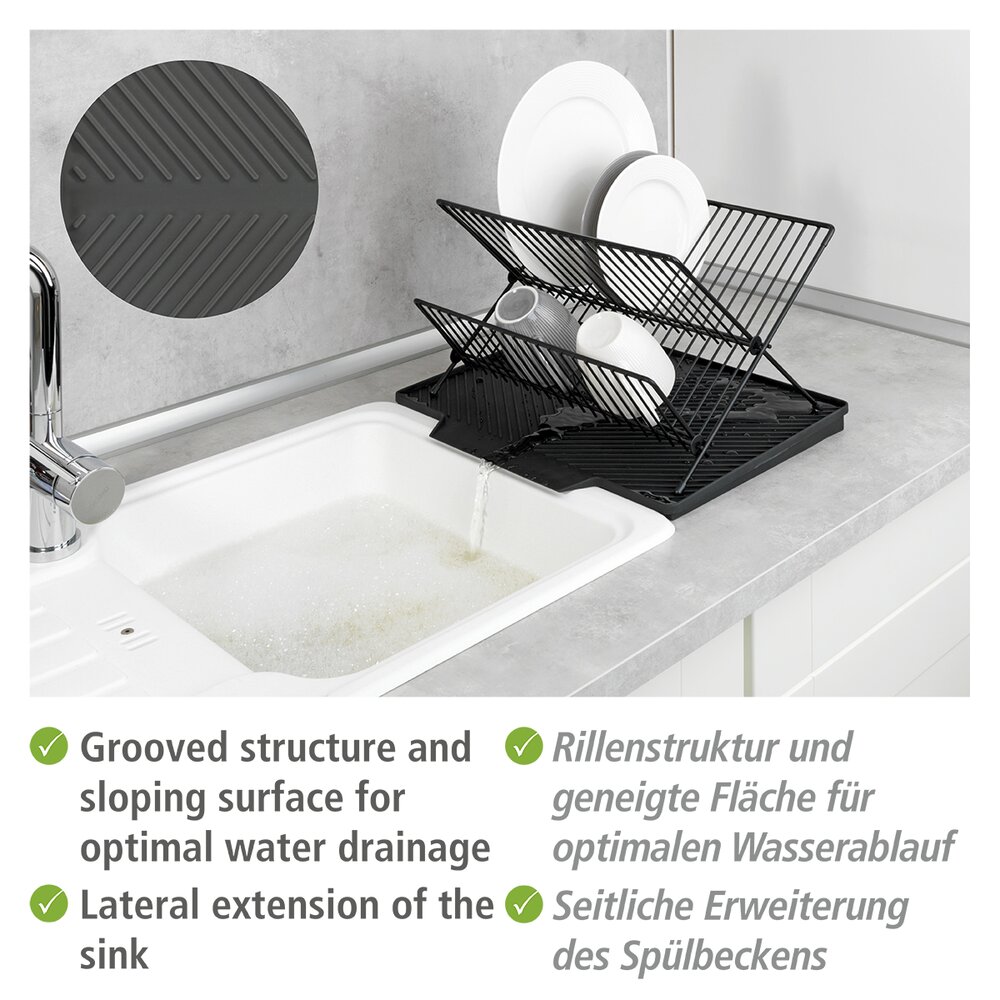 Abtropfmatte Mod. Nelia mit Abtropfgestell, Schwarz  mit geneigter Fläche für optimalen Wasserablauf