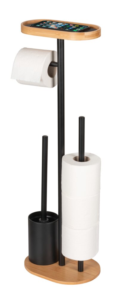 Garniture WC sur pied Mod. Pomarolo, bambou, acier, naturel/noir, 25x70,5x17 cm  avec tablette pour téléphone intégré