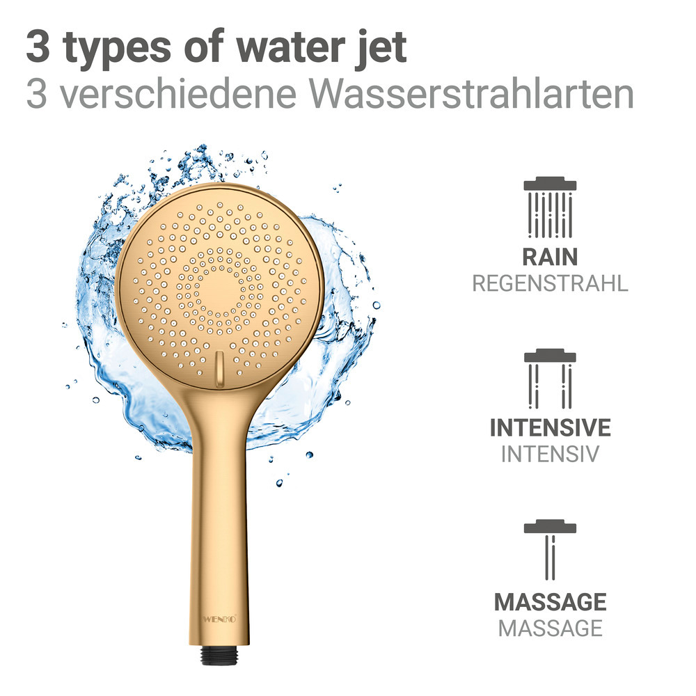 Duschkopf Watersaving Gold matt  Universal-Handbrause, Ø 11 cm, 3 Strahlarten