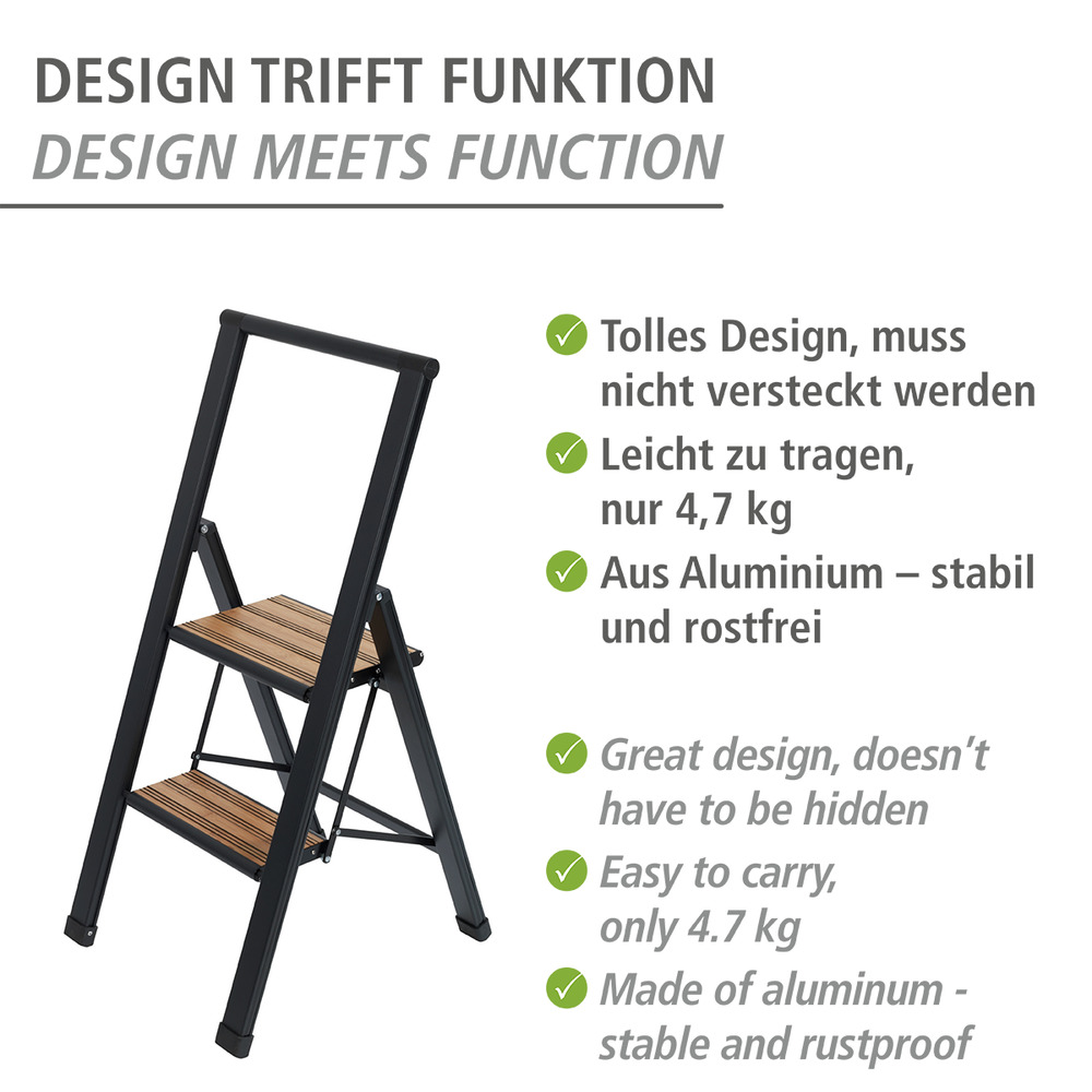 Alu-Design Klapptrittleiter 2-stufig Schwarz  rutschsichere XXL-Stufen