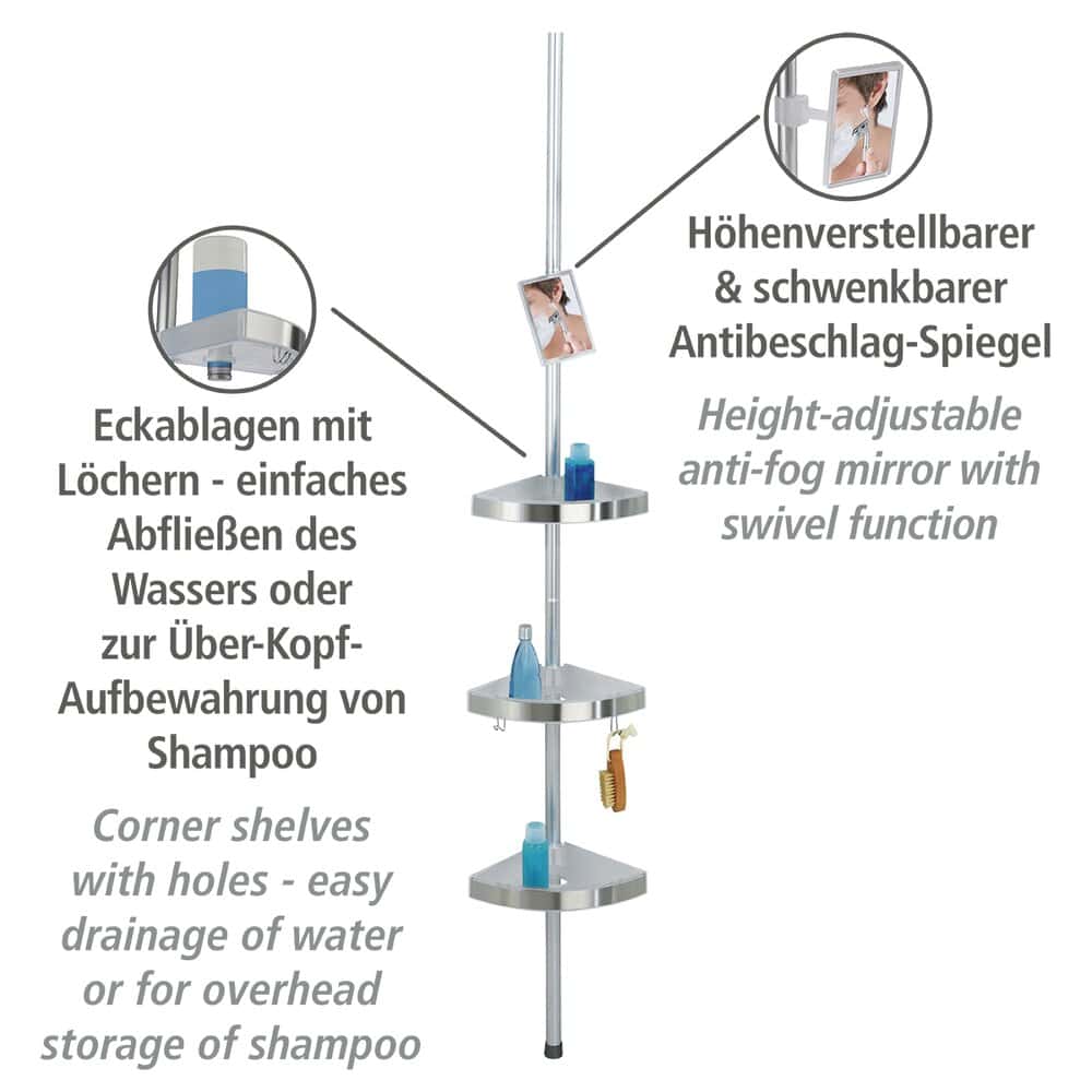 Teleskop Duschecke Premium Satiniert mit 3 Ablagen und Spiegel