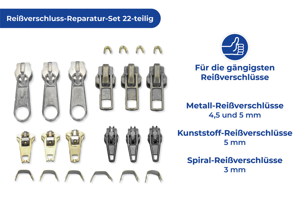 Reißverschluss-Reparatur-Set, 22-teilig  für die gängigsten Reißverschlüsse