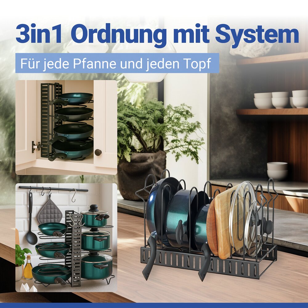 Organisateur Casseroles Poêles Extensible Avec 7 Séparateurs - Support Télescopique Pour Placard, Acier Inoxydable - 7