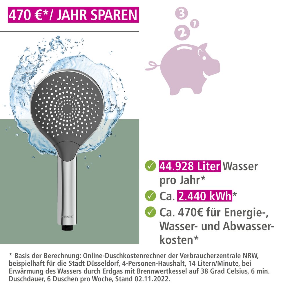 Pommeau de douche 3 jets, 40% économie d'eau, ø12 cm, finition chromée, embout universel 1/2"  ø12 cm
