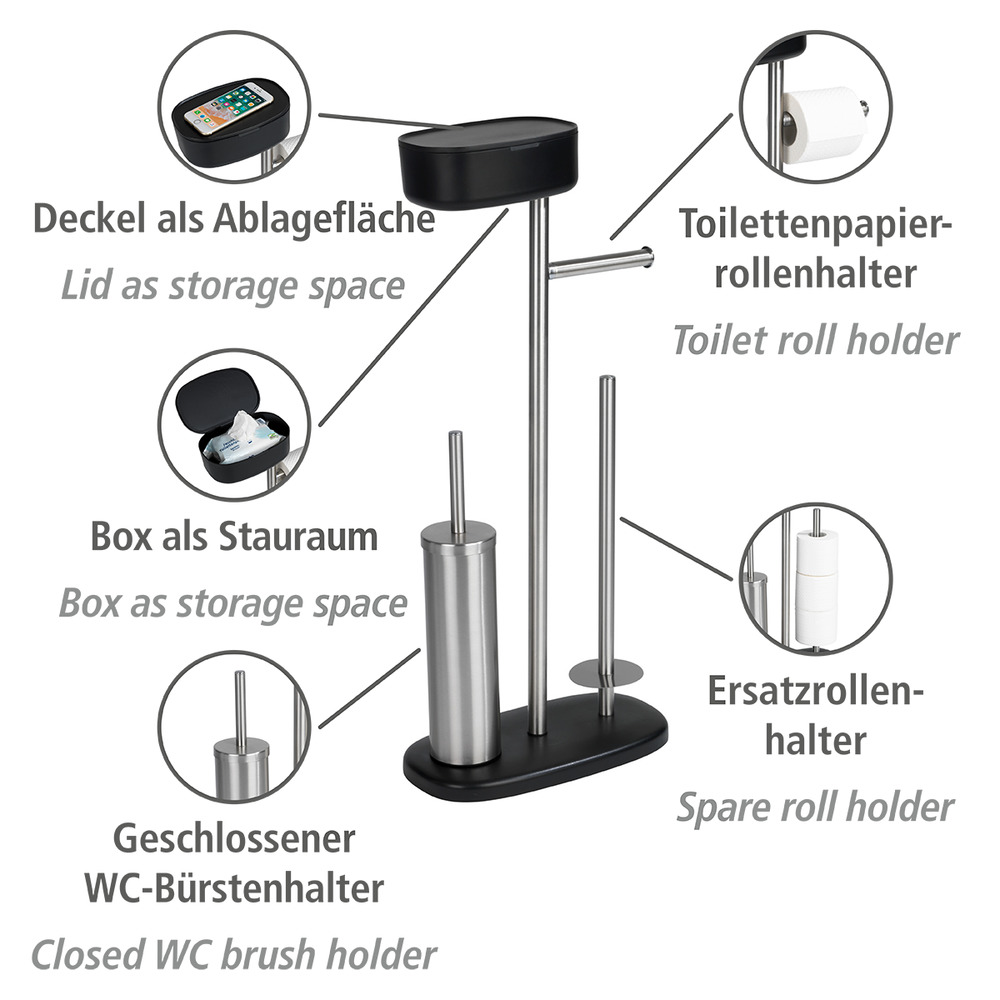 Stand WC-Garnitur mit Box Mod. Rivazza Schwarz  integrierter Toilettenpapierhalter, Ersatzrollenhalter und WC-Bürstenhalter mit Ablagebox