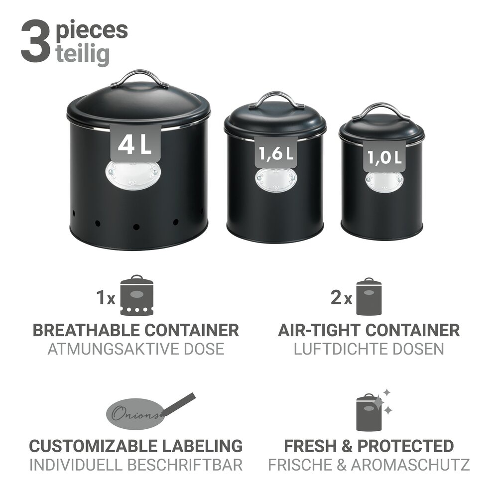 Aufbewahrungsdose Mod. Nero Set, 3-teilig  Vorratsdosen aus lackiertem Metall, Schwarz