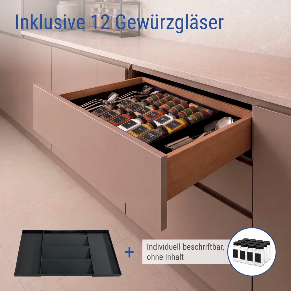 Gewürzregal Schublade Deluxe mit 12 Gewürzgläsern, Schwarz  ausziehbarer Gewürz Organizer für Schubladen
