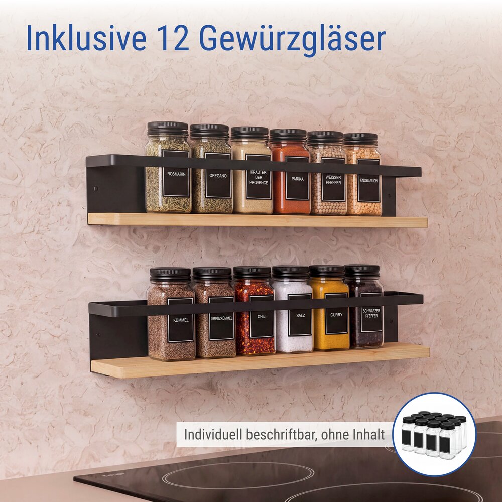 Kruidenrek voor aan de muur, set van 2, bamboe, met 12 kruidenpotjes