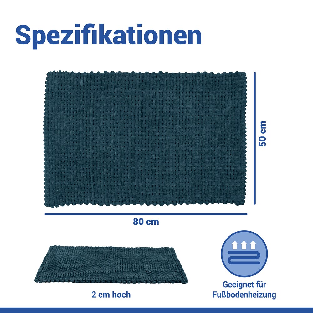 Tapis de bain Mod. Covelo bleu foncé, 50 x 80 cm  antidérapant et lavable jusqu'à 30 °C