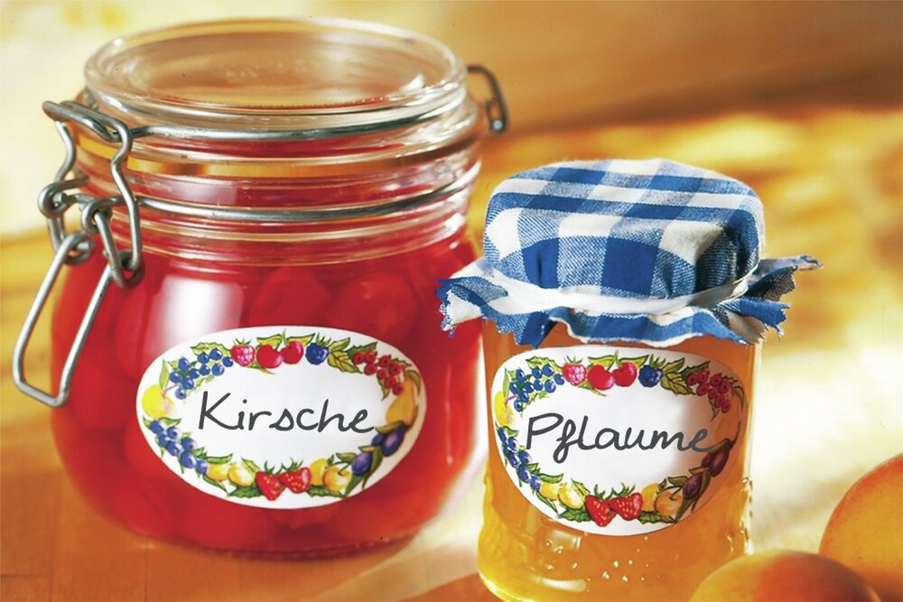 Haushaltsetiketten mit Obst-Motiv  inklusive Etikettenspender