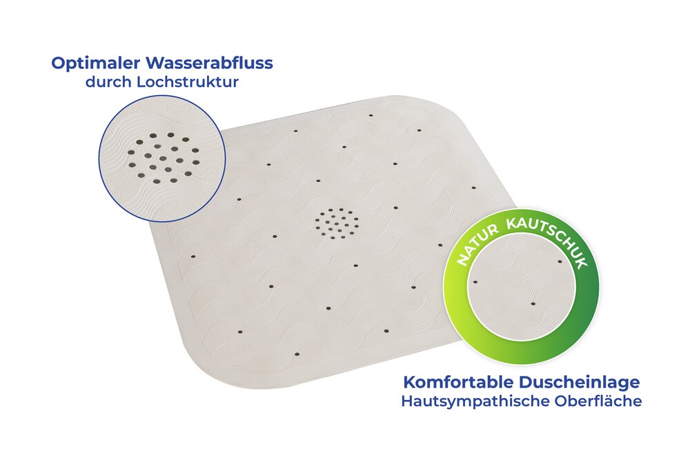 Duscheinlage Mod. Natur-Kautschuk Beige  mit Saugnäpfen auf der Unterseite, Maschinenwaschbar bei 40° C