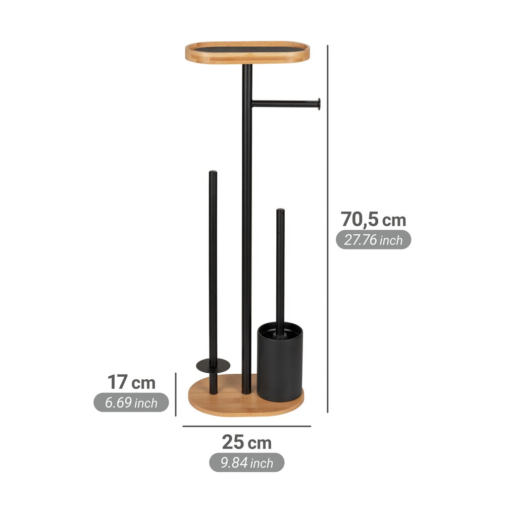 Garniture WC sur pied Mod. Pomarolo, bambou, acier, naturel/noir, 25x70,5x17 cm  avec tablette pour téléphone intégré