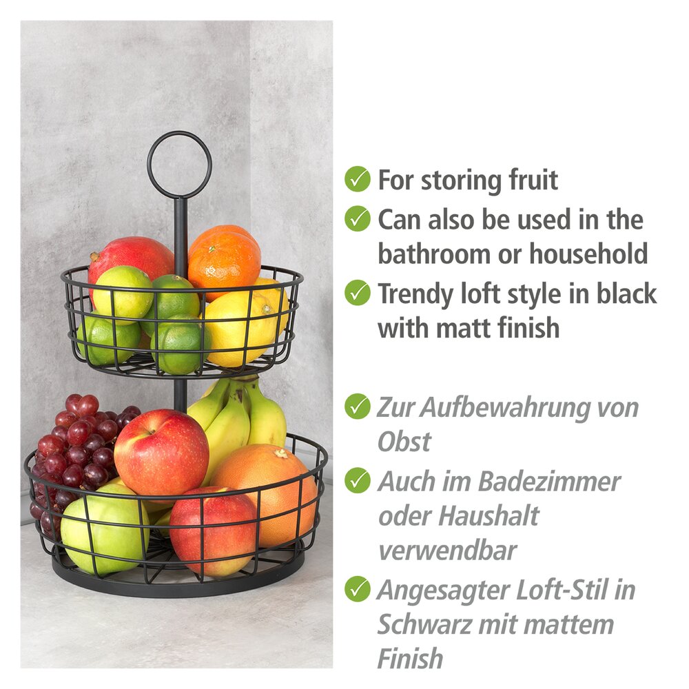 Obst Etagere aus Metall, 2-stöckig, Schwarz  mit 2 Drahtkörben