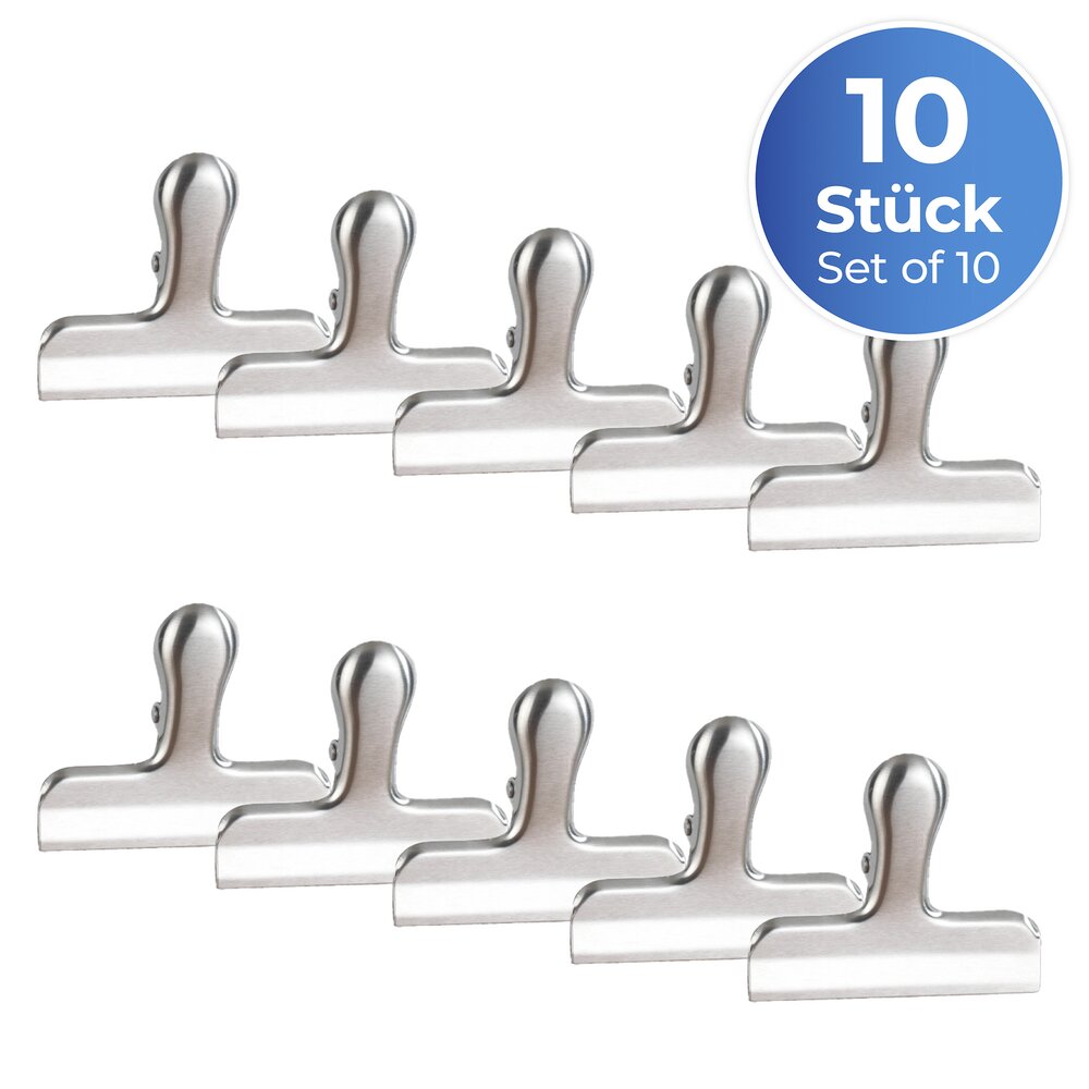 Verschlussklammern Edelstahl, 10er Set  mit starker Klemmfeder