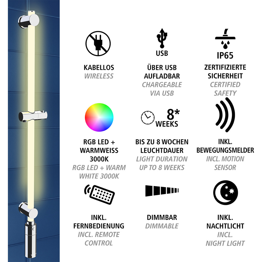 LED Duschstange, 94 cm, RGB-Farbwechsel & Warmweiß  beleuchtete Brausestange