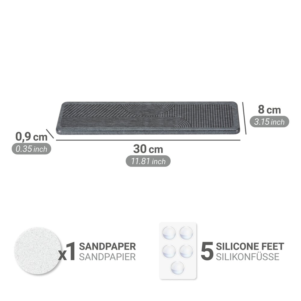 Abtropfmatte Mod. Damon, grau, Diatomit, 30x8 cm  schnelltrocknend, inklusive Silikonfüße