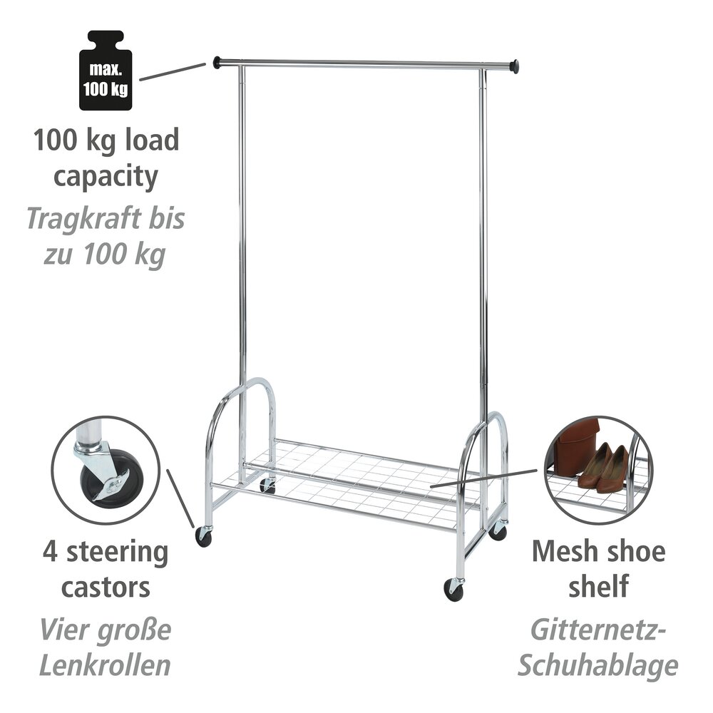 Portant vêtement solide sur roulette Profi, charge 100 kg, Métal chromé, 121x185x52 cm  sur roulettes