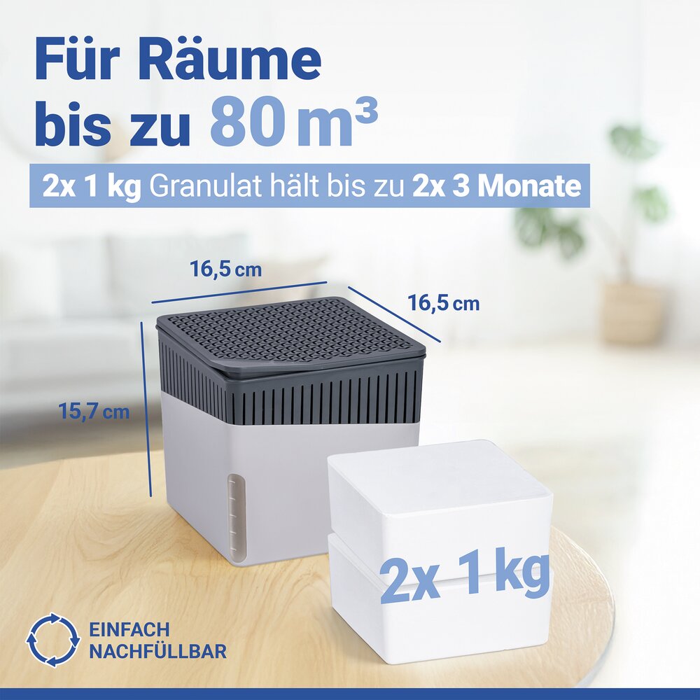 Luchtontvochtiger Mod. Cube Grijs 1000 g en navulling