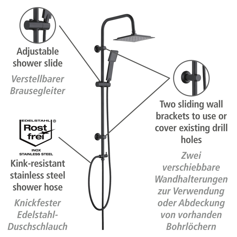 Duschsystem Mod. Quadro Schwarz matt  mit Regendusche und Handbrause