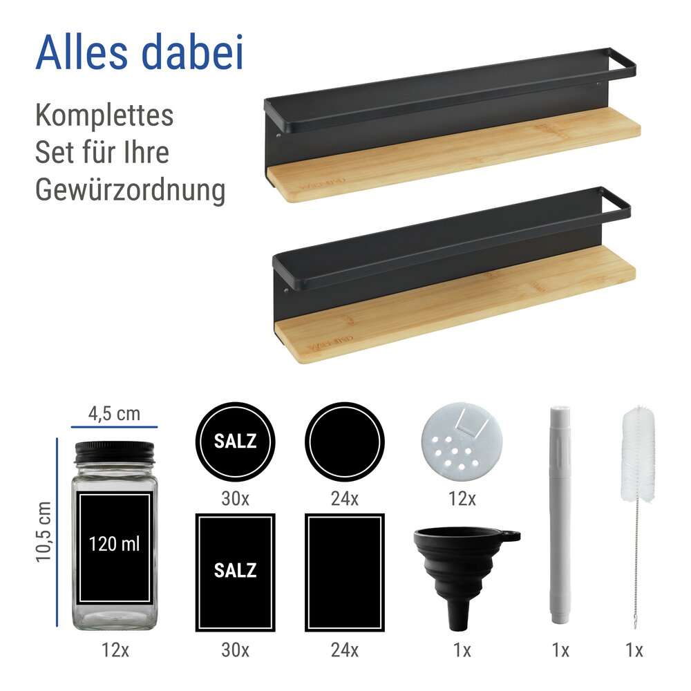 Kruidenrek voor aan de muur, set van 2, bamboe, met 12 kruidenpotjes