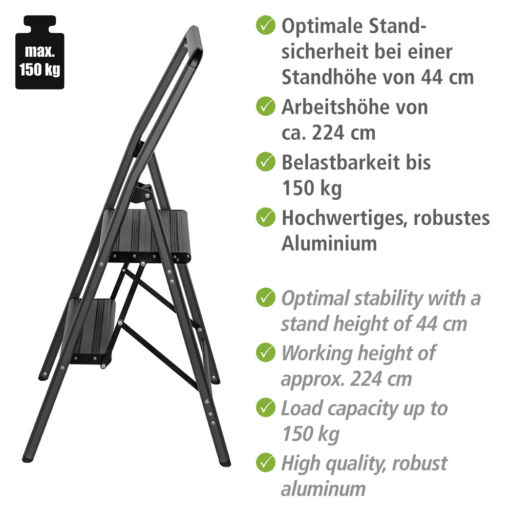 Alu-Klapptrittleiter Compact 2-stufig Dunkelgrau  leichte & rutschfeste Haushaltsleiter, Sicherheits-Stehleiter