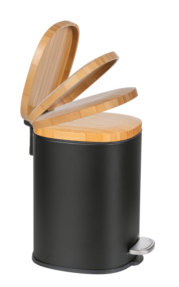 Poubelle à pédale Mod. Fianema, noir, métal/bambou, 3L, Easy-Close  récipient intérieur amovible