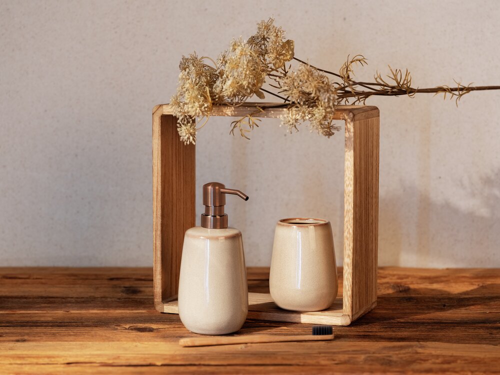 Bad-Accessoire Set Mod. Sirmione, beige, Keramik, 2-teilig  freistehend, kupferfarbene Details