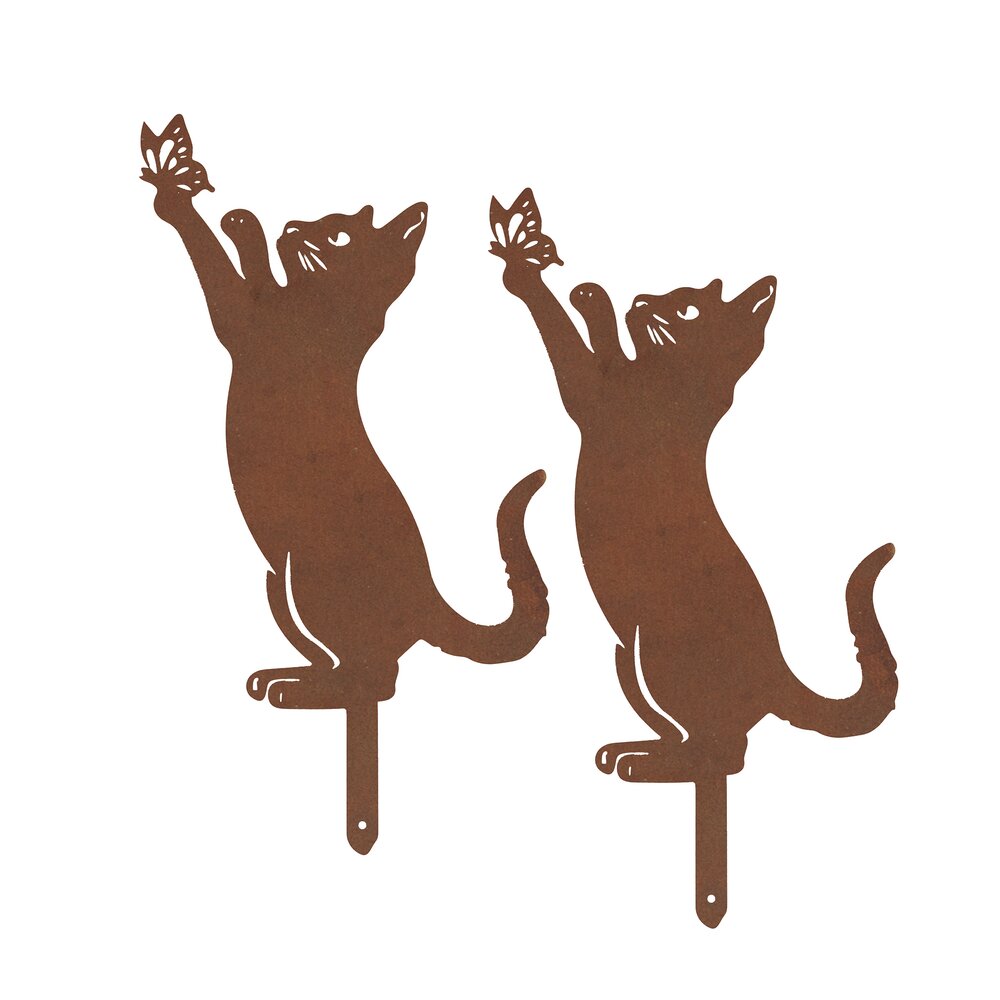 Gartenstecker Katze & Schmetterling, 2er Set  wetterbeständig, mit Edelrost-Effekt
