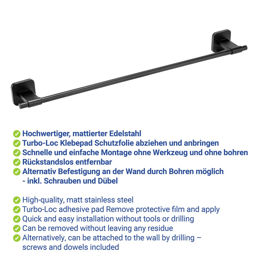 Turbo-Loc® Badetuchstange Uno Mod. Porto Black 60 cm  Befestigen ohne Bohren