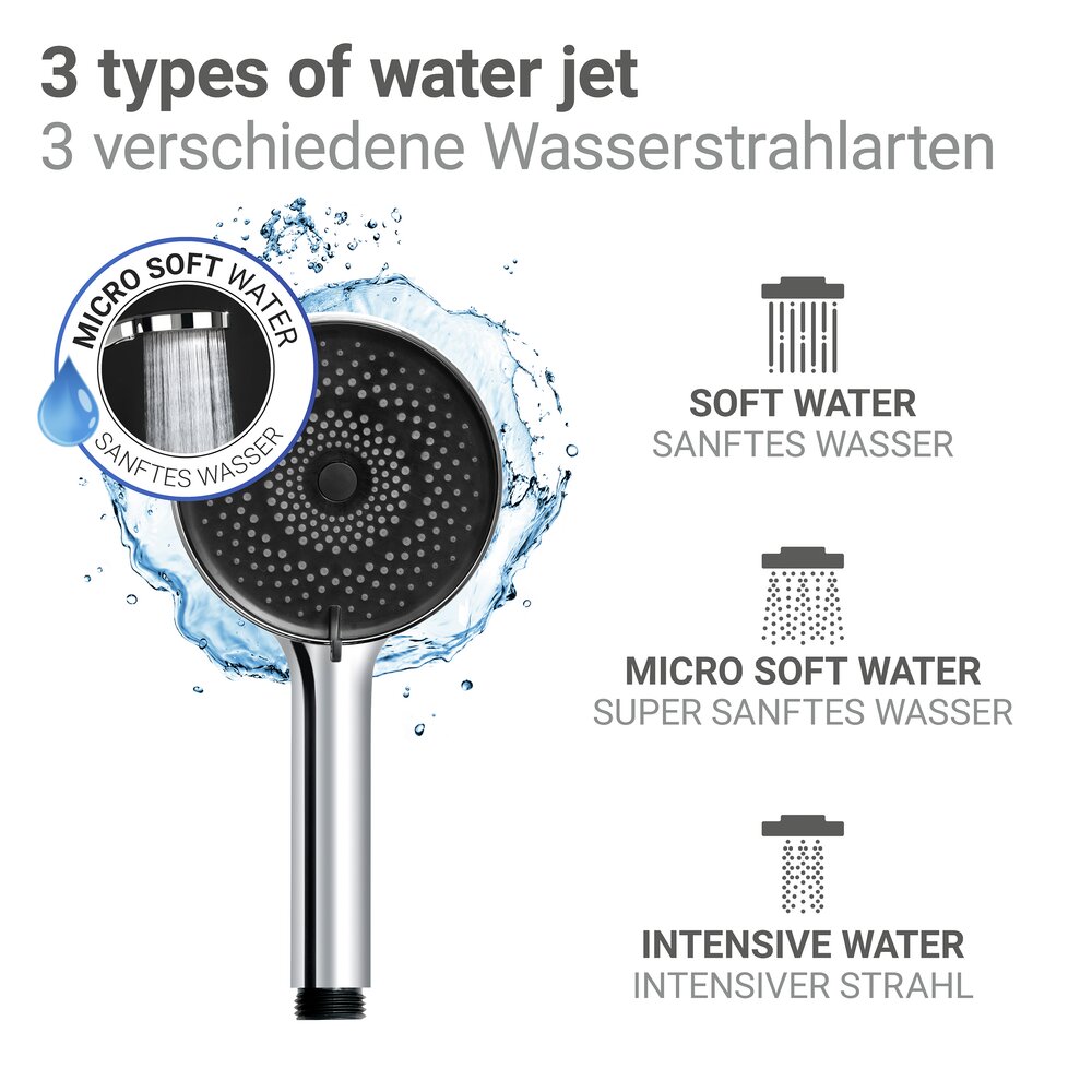 Pomme de douche Mod. Softwater Ø12 cm, chromé/noir, plastique  avec 3 types de jets