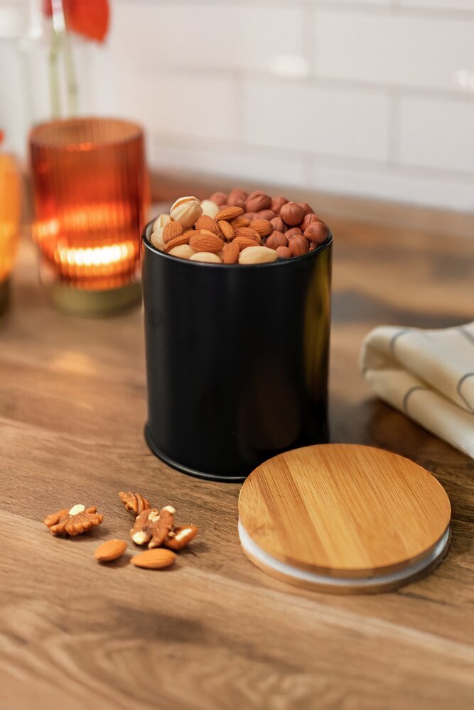 Set boîtes à pain, noir, métal, couvercle bambou, 32,5x21x15 cm  avec couvercles hermétiques en bambou