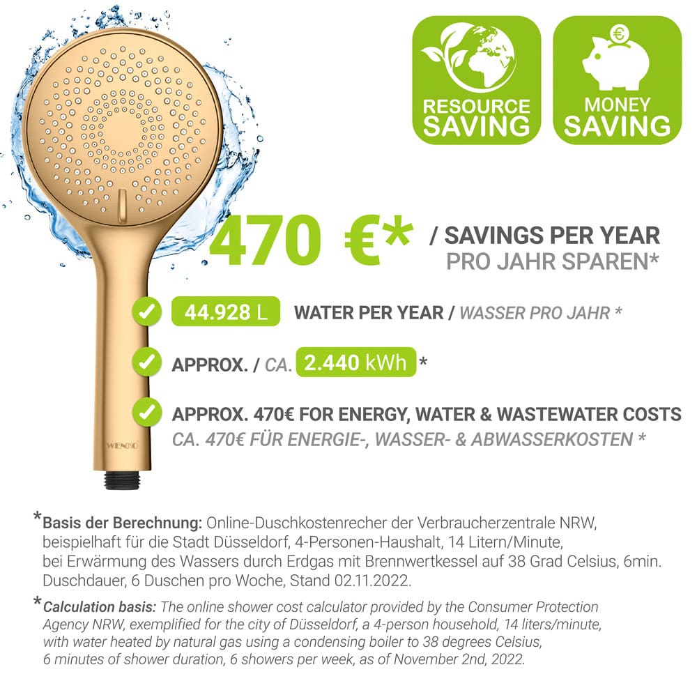 Duschkopf Watersaving Gold matt  Universal-Handbrause, Ø 11 cm, 3 Strahlarten