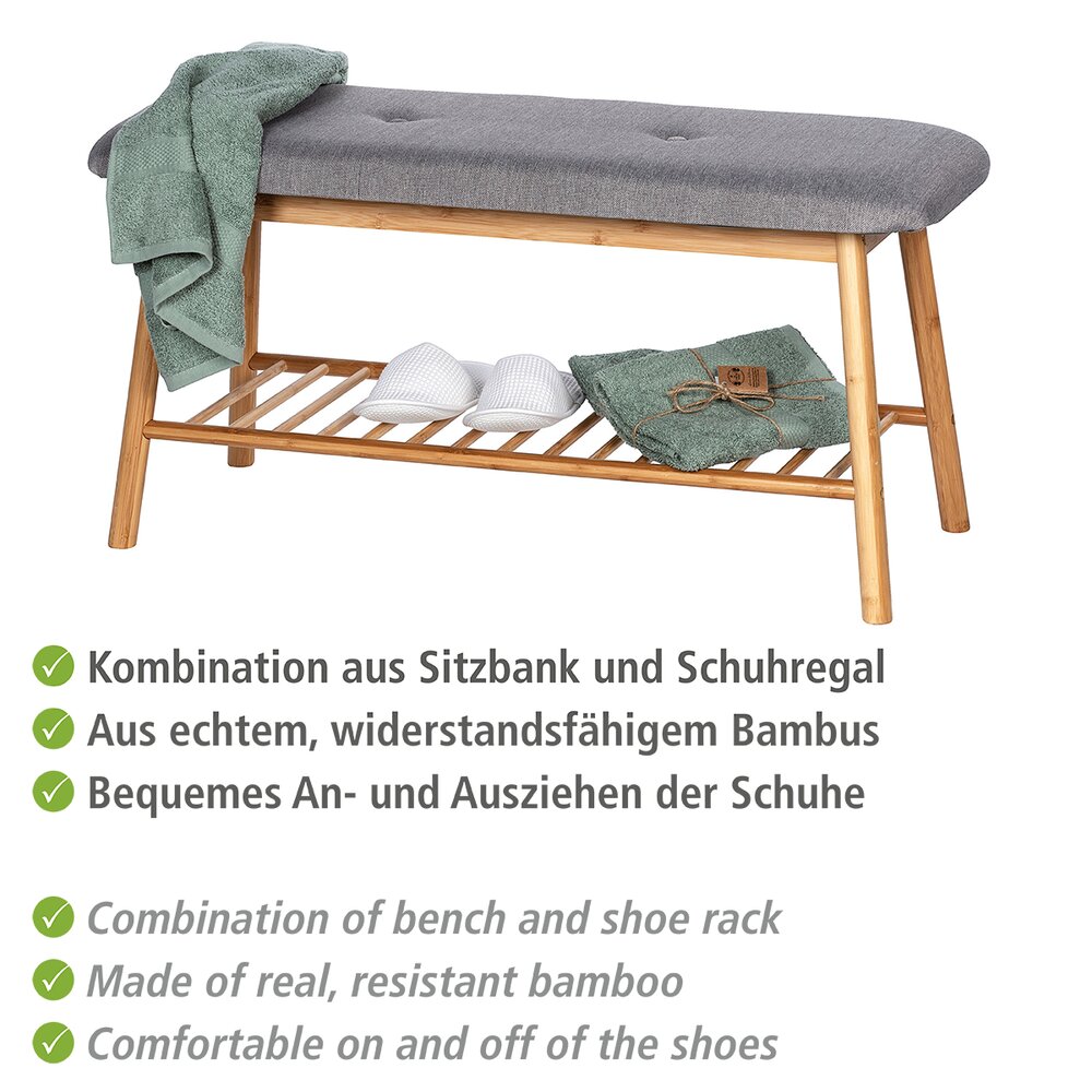 Banc à chaussures bambou, banc d'entrée, Bahari, 4 paires de chaussures, L90 cm  banc, bambou