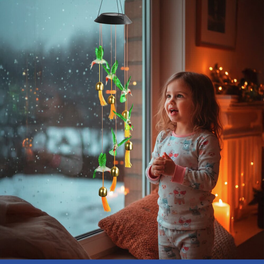 LED Windspiel Mod. Kolibri Solar  mit 6 Glocken, dekorative Gartenbeleuchtung