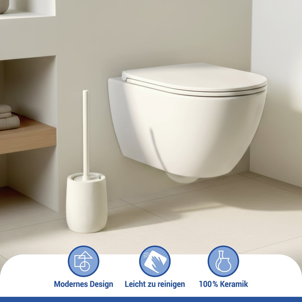 Brosse WC Mod. Fablo Crème  en céramique de haute qualité, avec tête de brosse en silicone